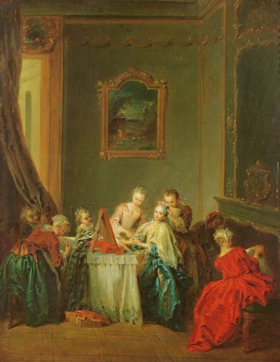La toilette: giovane donna al suo tavolo da toeletta da Jean Baptiste Joseph Pater